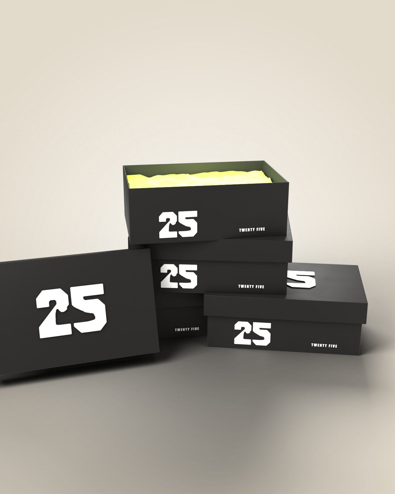 Stack of black TWENTY FIVE 25 shoeboxes, the top one open with volt tissue inside
